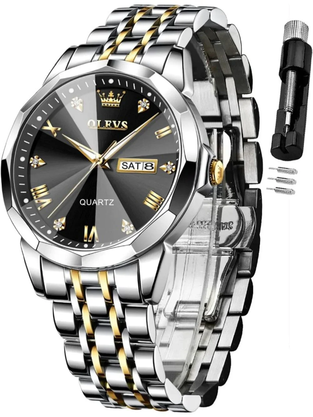 Men's Black Gold Diamond Analog Quartz Waterproof Silver Luminous Classic Watch